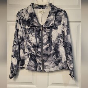 Coldwater Creek Black And White Front Zip Roll Tab Sleeve Jacket With Pockets P8